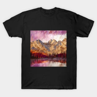 Golden Textured Mountain Lake Reflecting Pink Skies T-Shirt